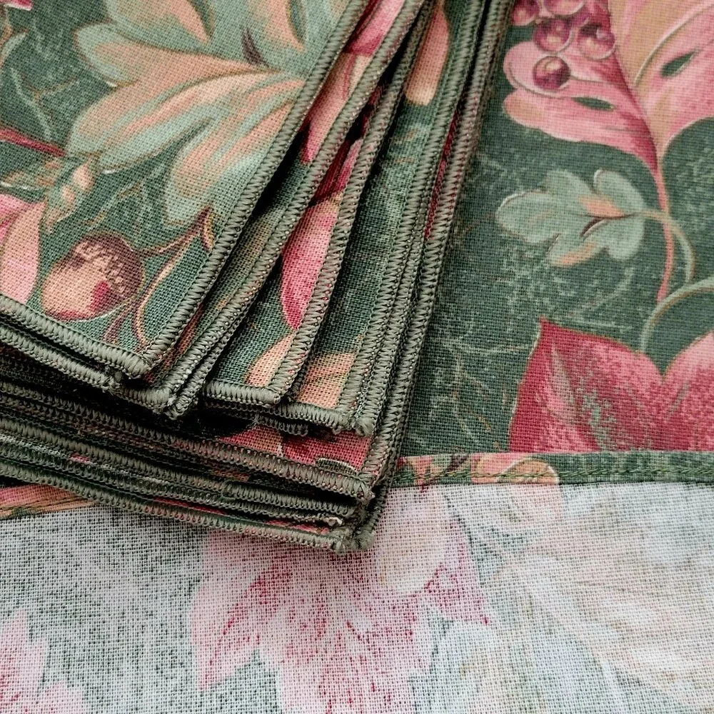VTG Handmade Autumnal Leaf Print Artisan Oblong Tablecloth and 6 Napkins NEW
